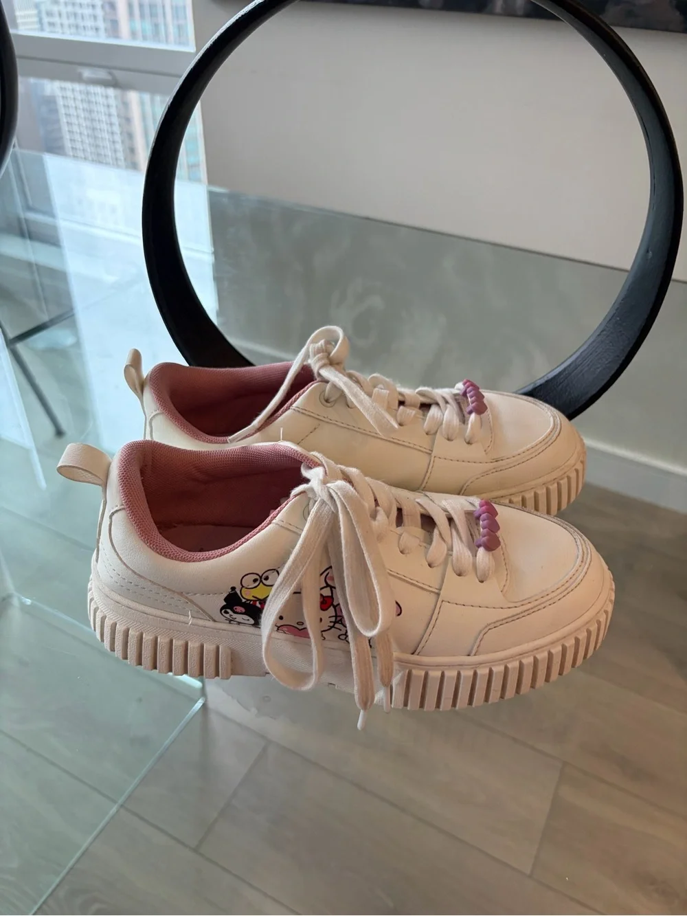 Girl’s Cream and Pink Casual Sneakers - Cute Heart Accent